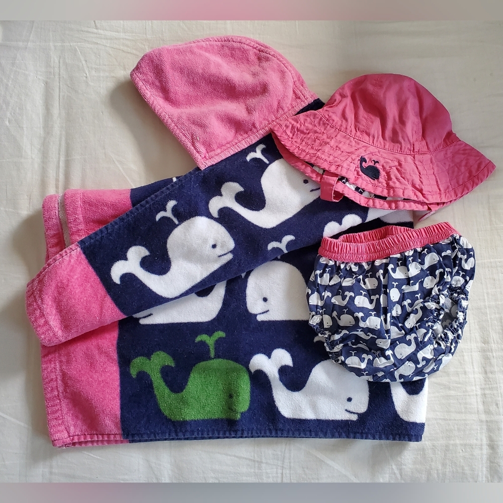 Pottery Barn Kids Pink/Navy Whale Baby Beach Set Towel/Diaper Cover/Hat